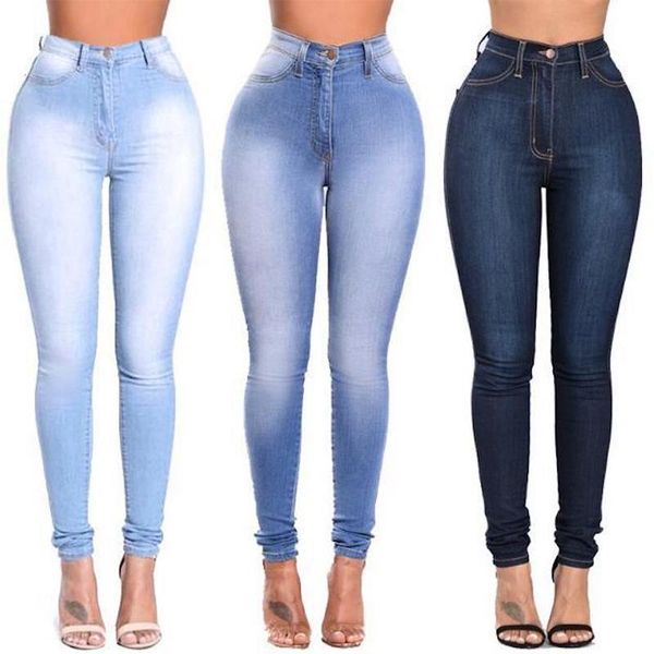 

women's jeans high waist stretch skinny denim pants blue retro washed elastic slim pencil trousers plus size female pants