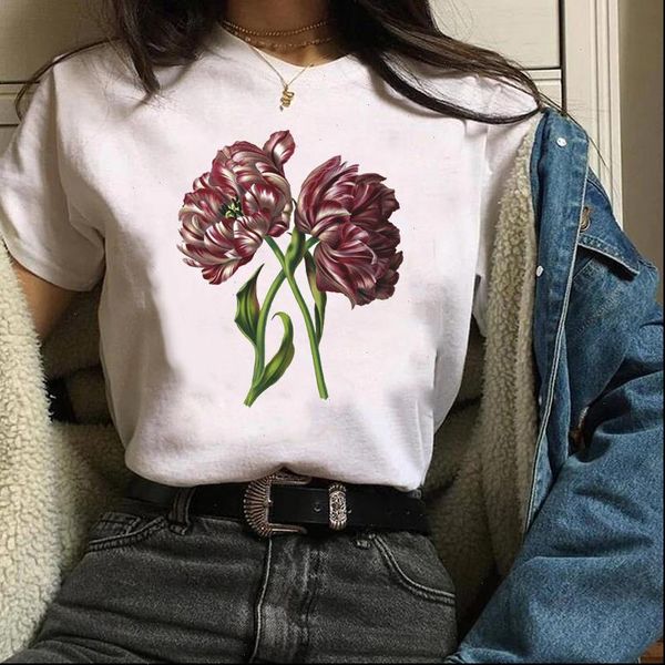 

women lady tees graphic flower floral elegant short sleeve print clothing 90s clothes female t shirt womens t shirt, White
