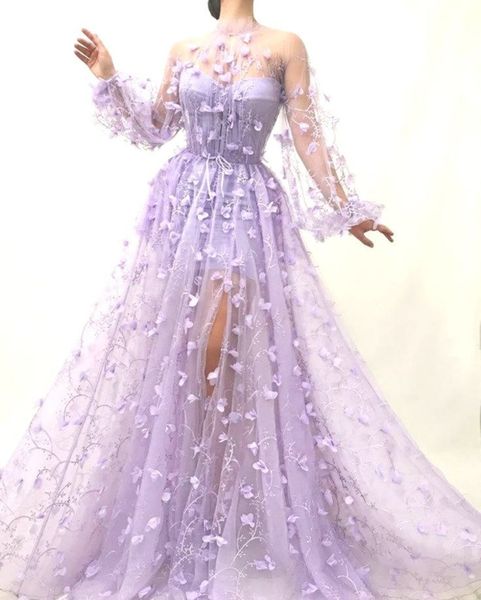 2022 фиолетовые оболочки длинные рукава вечерние платья носить иллюзию кристалл бисером высокая сторона сплит пола длина вечеринка платье выпускных платьев открыть обратно халаты de soyerée