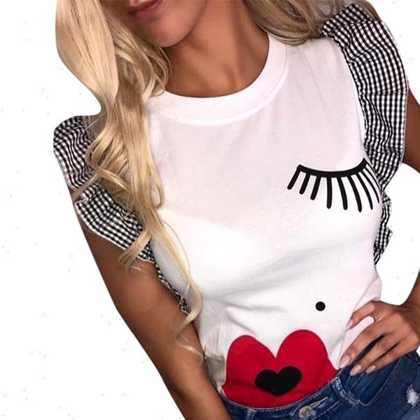 

women shirts butterfly sleeve casual print o neck wild white red lips elegant noble simple summer blouse shirts