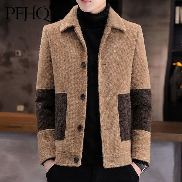 

men's wool & blends pfhq autumn winter sable fluffy jacket men's patchwork single breasted coat clothes lapel slim fit warm 21d106, Black