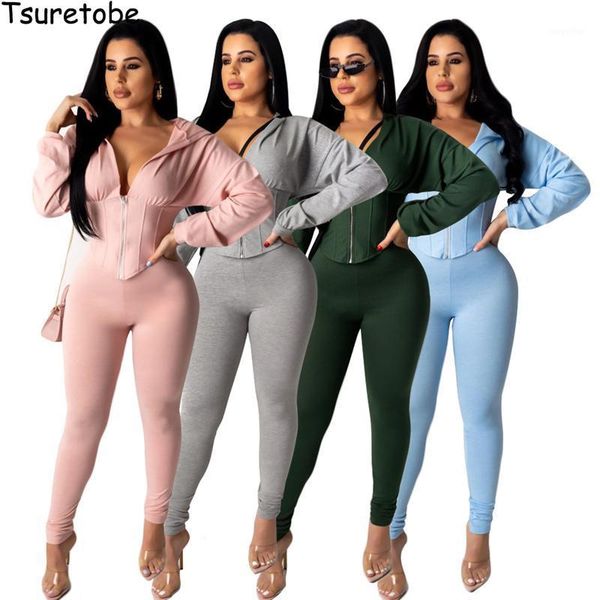 

tsuretobe casual tracksuits women 2 piece set hoodie jacket and pencil pants suits summer club outfits streetwear matching sets women's, Gray