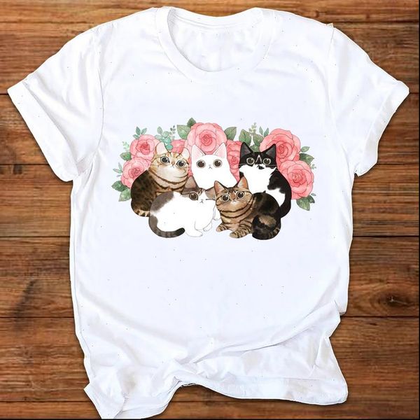 

women graphic cat watercolor cartoon animal fashion casual printing print clothes lady tees female t shirt womens t shirt, White