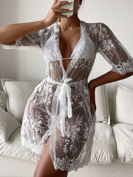 

embroidery mesh tie front kimono 11nw#, White;black