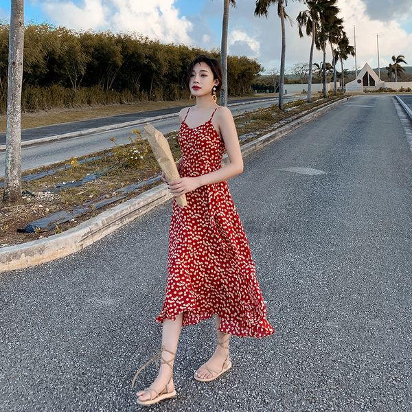 

dressed in vintage red floral slimming print long dress v skirt with bohemian female shoulder strap island vacation as beach wtpw, Black;gray