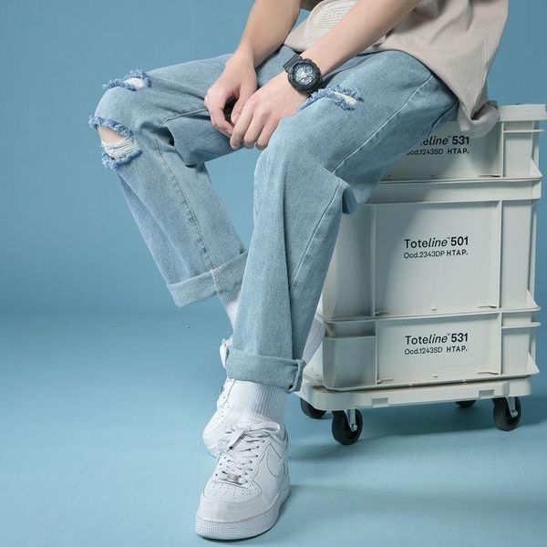 

men's jeans 2021 summer baggy homme cargo pocket loose blue color casual pants biker denim fashion trend trousers size s-2xl