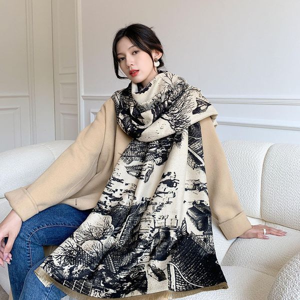 

korean winter womens japanese printed sweet black landscape painting scarf warm thickened brushed autumn flower cashmere shawl, Blue;gray