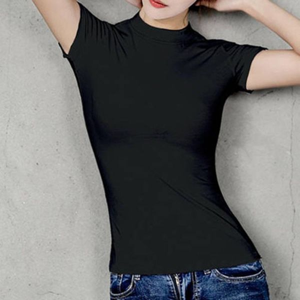 

women's t-shirts half high collar pure color short-sleeved womens t shirt summer elastic basic t-shirts female casual tee, White