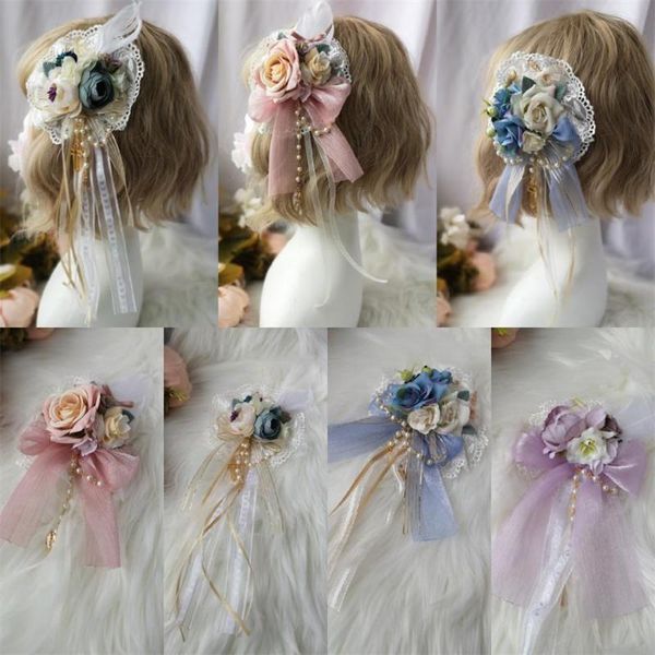 

party masks strawberry rose flower piill lolita hand made hairpin headwear sweet vintage lace bow bead chain hanamaru side clip