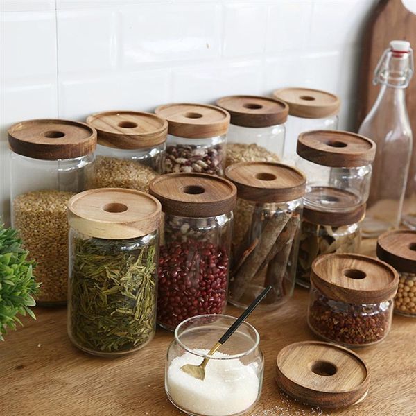 

storage bottles & jars wooden lid candy jar high borosilicate transparent glass box tank portable food grain container organizer kitchen ite