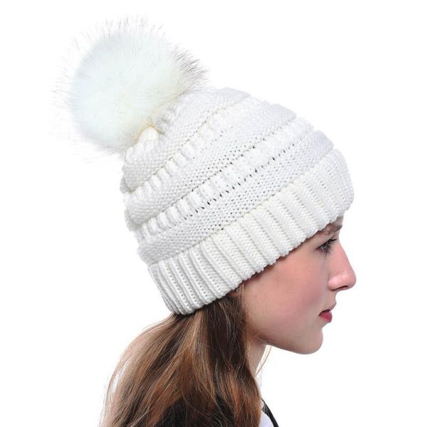 

beanie/skull caps women knit slouchy beanie chunky baggy hat with faux fur pompom winter soft warm ski knitted ribbed skull cap, Blue;gray