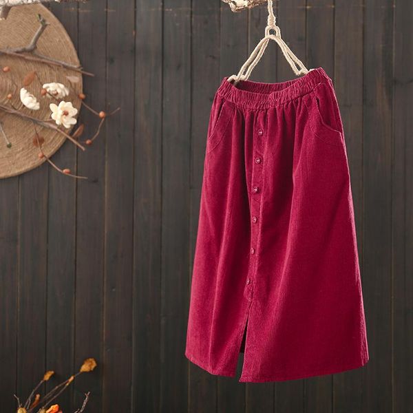 

skirts single-breasted split hem corduroy pocket skirt female elastic waist a-line mori girl 2021, Black