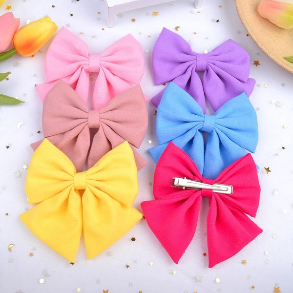 

2021 solid hair bow with clips,4.3inch girls children cotton bow hair clips hairpins for kid baby hair accessories bulk, Slivery;white