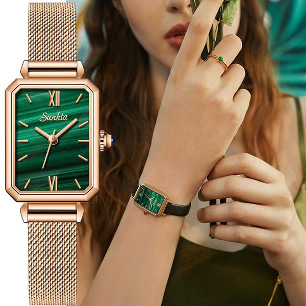 

sunkta watch women watches brand luxury fashion rectangular small green watch ladies ultra-thin waterproof quartz wristwatch, Slivery;black