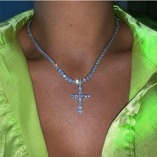

chokers est fashion glitter party zircon cz stone tennis women girl cross pendant necklace chain, Golden;silver