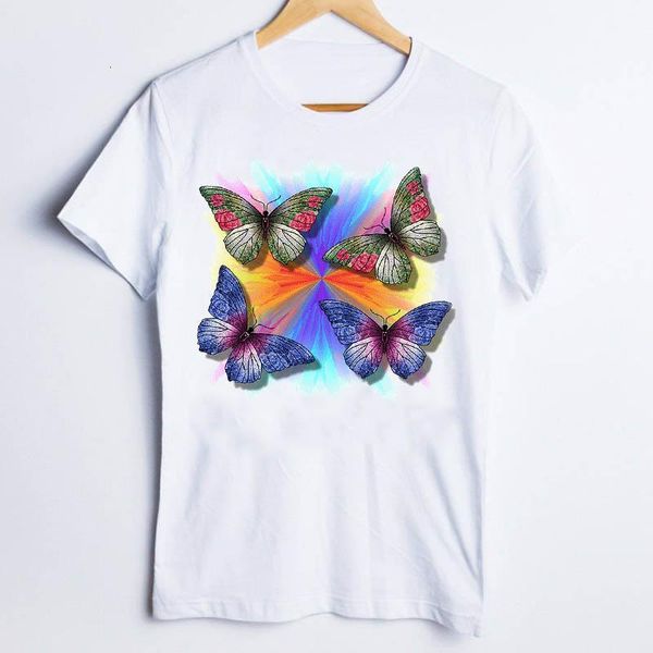 

tees for women print short sleeve dog rainbow butterfly trend casual ladies t shirt clothes lady clothing female t-shirt, White