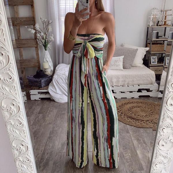 

women's jumpsuits & rompers 2021 women female jumpsuit strapless striped ladies summer beach wide leg holiday playsuit clothing, Black;white