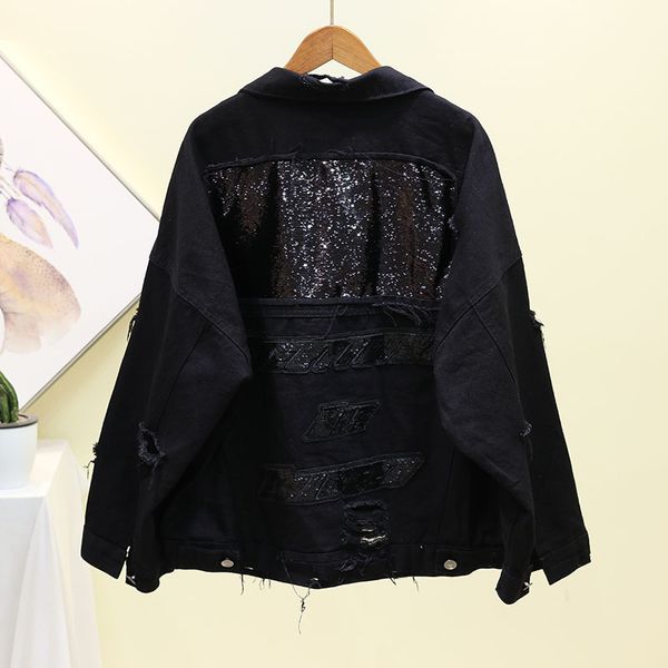 

sequins denim women basic coat spring autumn long sleeve loose short jeans jacket red black frayed hole outerwear female t7rk, Black;brown