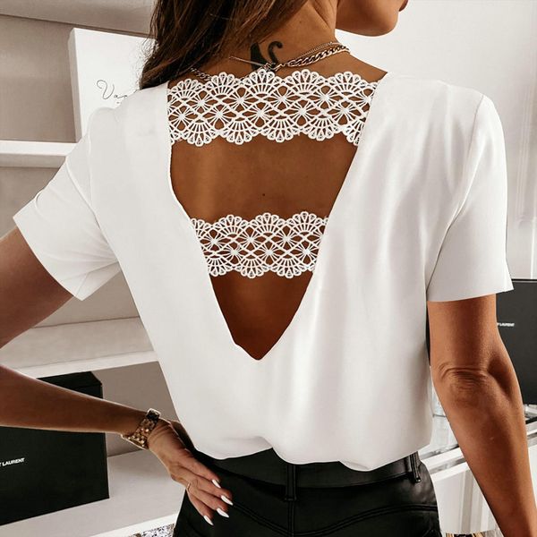 

40 backless lace patchwork elegant women shirts solid hollow out slim summer short sleeve casual, White