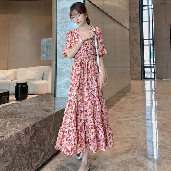 

party dresses anbenser summer women chiffon dress fashion female short sleeve v-neck printed casual long elegant a-line vestidos, White;black