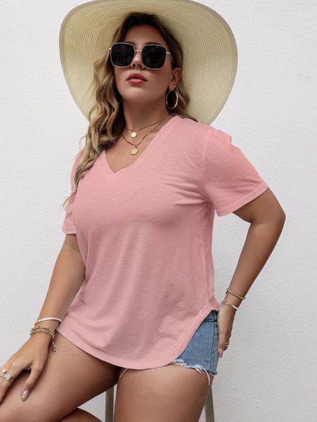 

plus solid v-neck split side tee 33nx#, Black