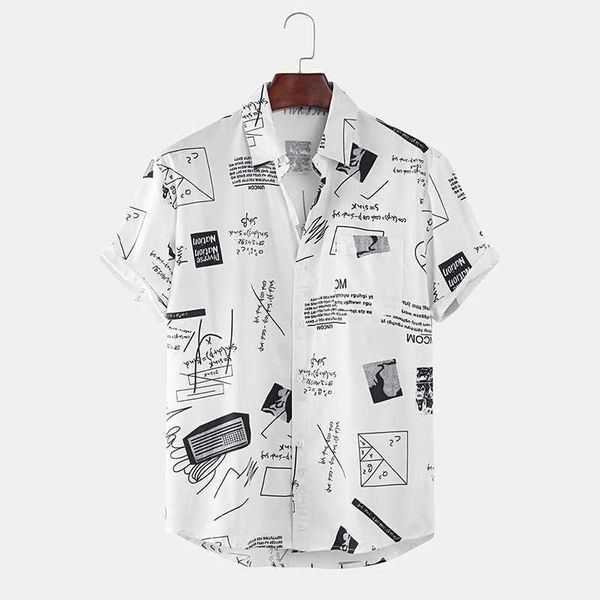 Гавайские рубашки мужские смешные абстрактные мультфильм лозунг грудь кармана с коротким рукавом летний пляж блузка топы Chemise Homme 210608