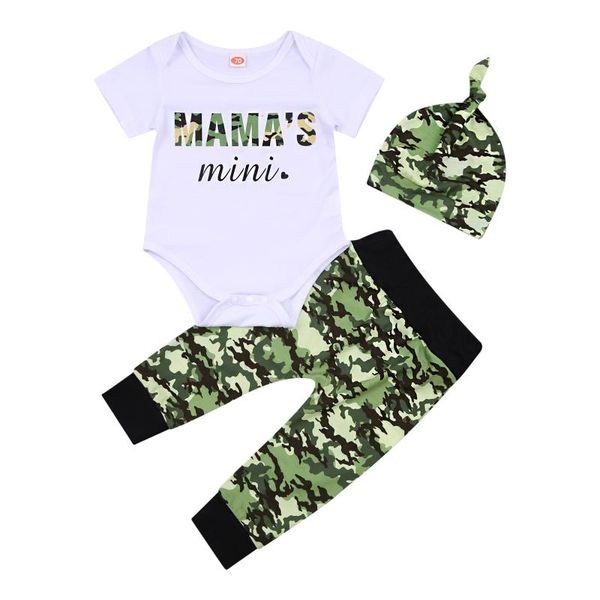 

clothing sets pudcoco 2021 spring 0-18m baby girl boy 3pcs set mama's mini letter print short sleeve bodysuit+camouflage pants+hat clot, White