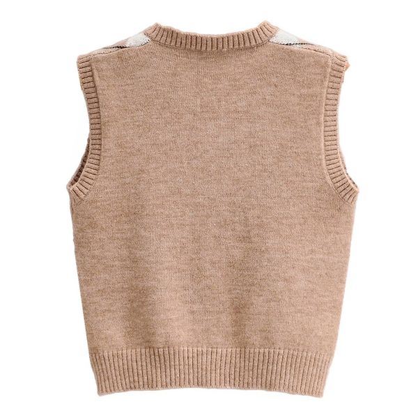 

preppy style khaki argyle plaid knitting sweater vest women 90s vintage korean clothing v neck sleeveless jumpers y2k knitwear, White;black