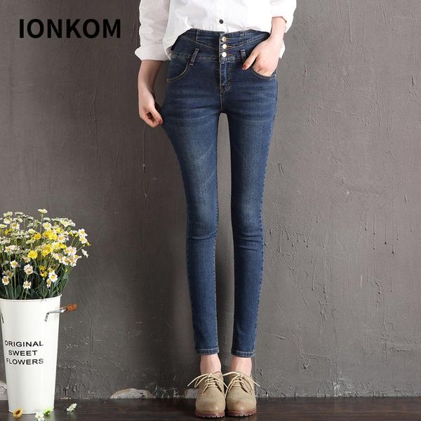 

women's jeans ionkom woman high waist skinny button up zipper pencil pants women casual plain denim stretch trouser, Blue