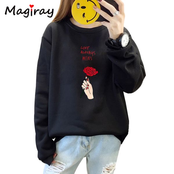 

2021 new magiray fleece winter women sweatshirts long sleeve rose letter print harajuku warm oversized hoodies pink female c416 7bcg, Black