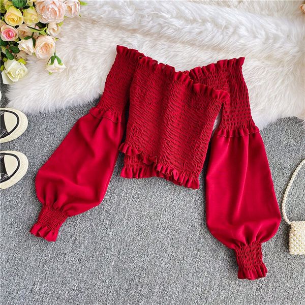 

2021 slash neck ruffle short women elegant off shoulder lantern long sleeve slim blouse female fashion shirt spring summer wgvy, Blue