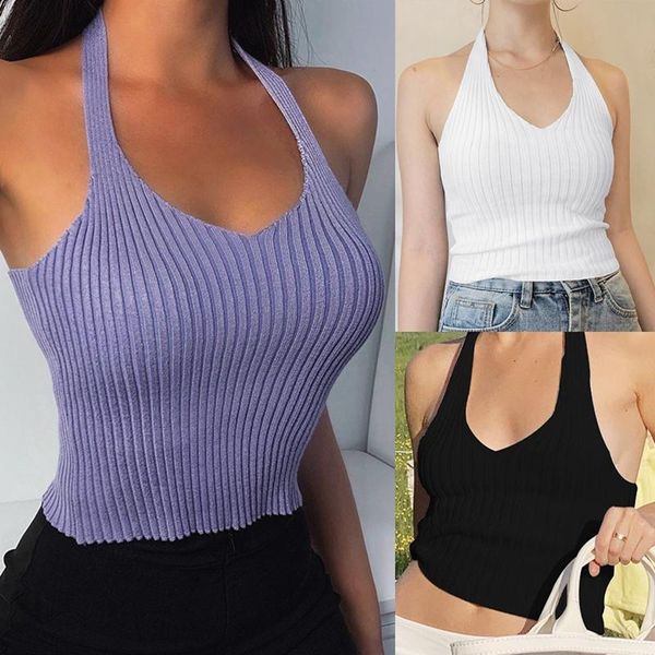 

women's tanks & camis knitting crop v-neck women halter short sleeveless tee shirts clothes summer, White