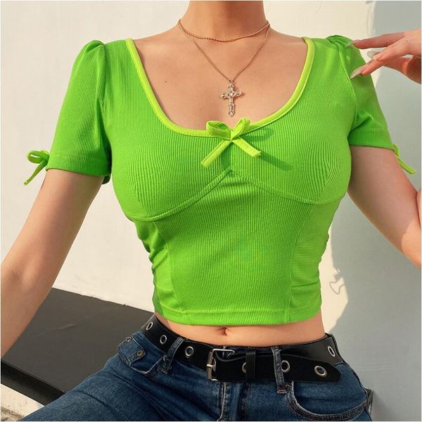 

women's t-shirt 2021 solid color short short-sleeved cropped pink bow-knot slim high-waisted bottoming, White