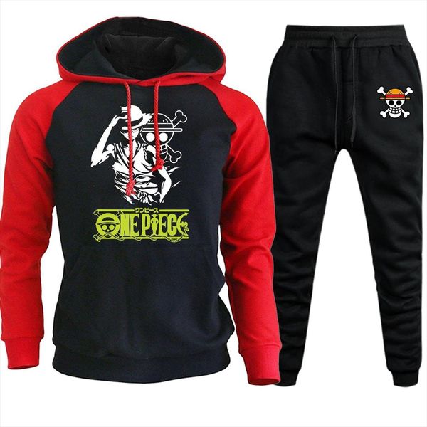 

japan anime straw hat streetwear mens tracksuits raglan hooded autumn winter cartoon suit fleece pullover hoodies pants 2 piece set, Gray