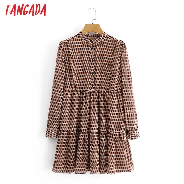 

tangada 2021 fashion women geometry print chiffon shirt dress vintage long sleeve office ladies mini dress 3a48 210306, Black;pink