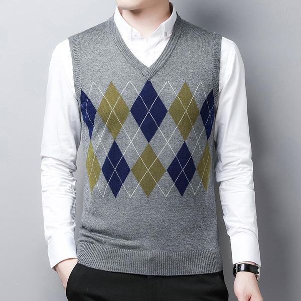 

men's vests mens cashmere sweater vest male argyle patterns sleeveless wool patchwork color knit, Black;white