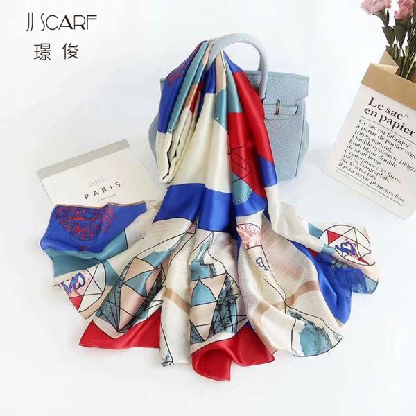 

women's 90 * 180 silk crepe satin long printed scarves sunscreen shawl, Blue;black