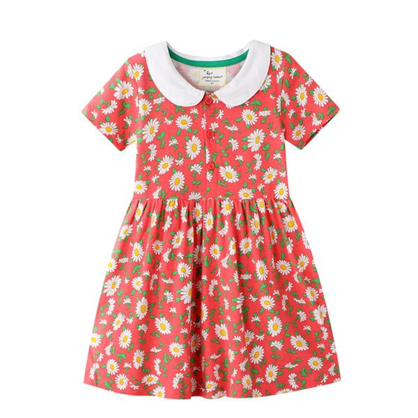 

2-6 years cotton baby girls dress with doll collar summer outfis floral short sleeve sundress for kids girl, Red;yellow