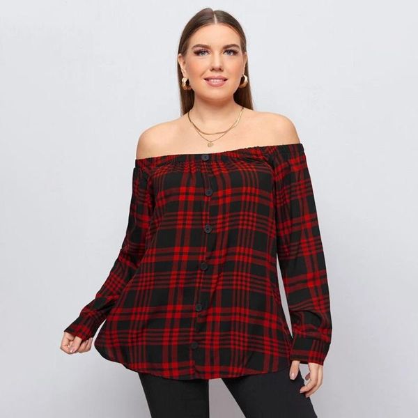 

plus size t-shirt fridayin 2021 autumn casual woven plaid one-shoulder women's shirt red and black off-shoulder ladies