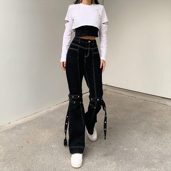 

hip hop flare trousers women jean jeans, casual high waist slim fit denim pants with criss cross belts jeans, Blue