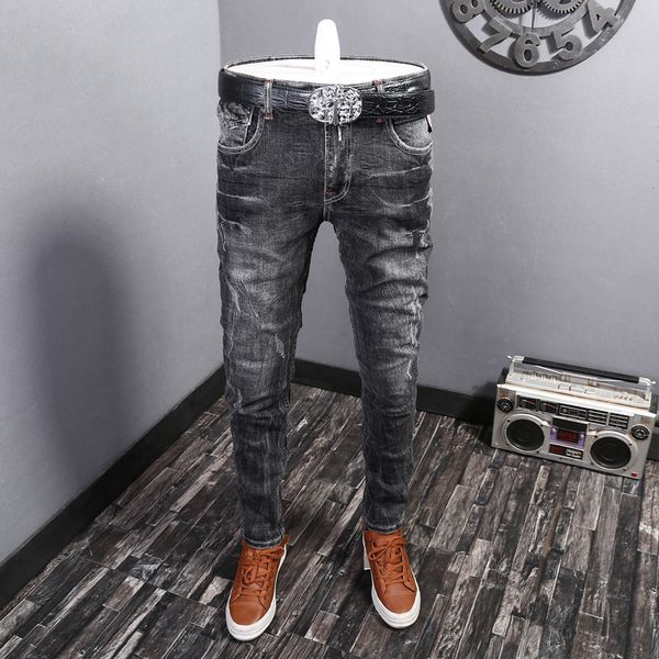

2021 new fashion streetwear black gray color slim fit ripped men hip hop pants vintage designer jeans homme rg9a, Blue