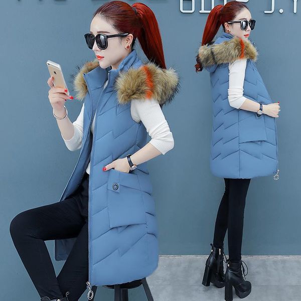 

women's vests women long waistcoat hooded winter vest female thick warm sleeveless parkas slim fashion gilet outwear down cotton, Black;white