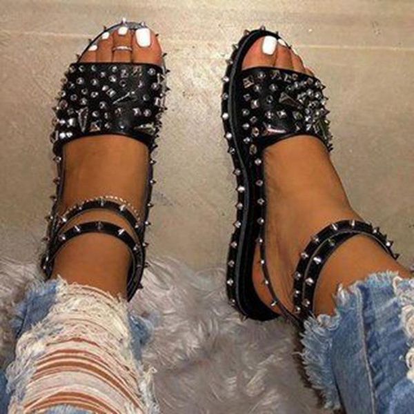 

slippers women's 2021 fashion summer rivet sandals flip flop flat bottom buckle jelly shoes beach, Black