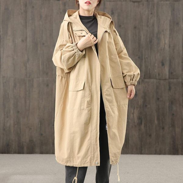 

women's trench coats hooded workwear windbreaker women 2021 autumn korean style loose bf mid-length coat long femme casual outwear y163, Tan;black
