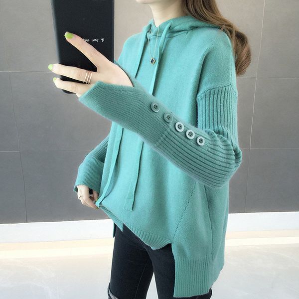 

2021 new women's hooded sweaters spring autumn solid buttons long sleeve ladies jumper split casual knitted pullover for female 7fze, White;black
