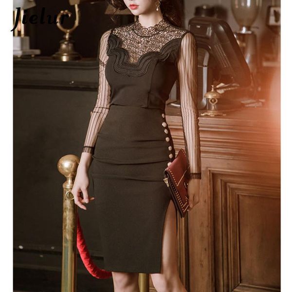 

casual dresses spliced summer black dress 2021 lace fashion high street lady vestidos side split push-up button bodycon s-xl, Black;gray