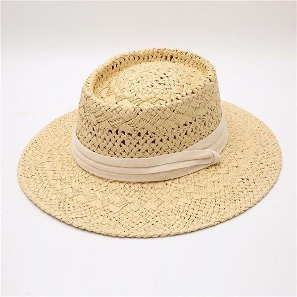 

wide brim hats 2021 fashion summer women hand-woven panama straw hat with white ribbon ladies men concave breathable beach sun, Blue;gray