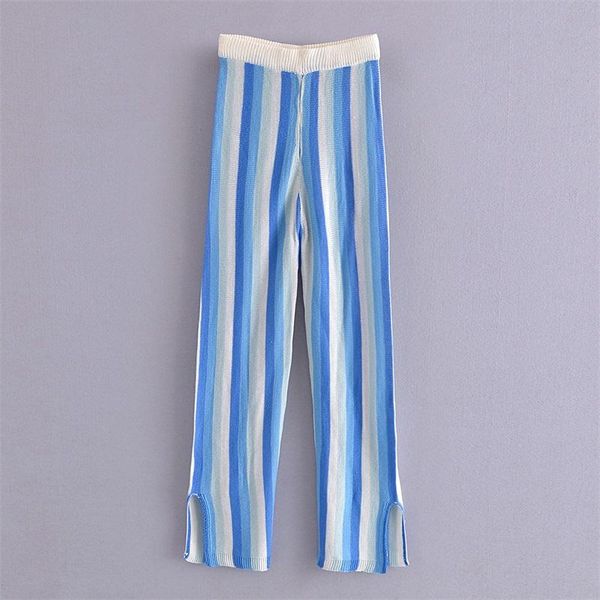 

women's pants & capris mesttraf women 2021 fashion striped straight knit vintage high elastic waist vents hem female trousers streetwea, Black;white