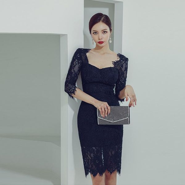

casual dresses spring summer 2021 women square neck high waist lace hollow out pencil sheath dress, Black;gray