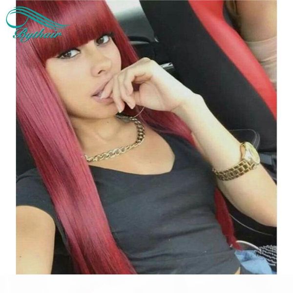 

wine red 99j silky straight lace front human hair wigs with bangs burgundy virgin brazilian full lace wigs bangs pre plucked black women, Black;brown